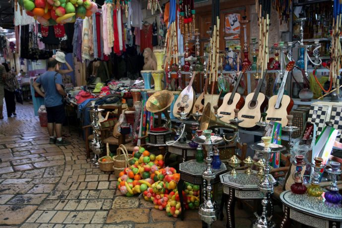 Various music instruments for sale at Akko's old marketplace, or as the local call it, the shuk.