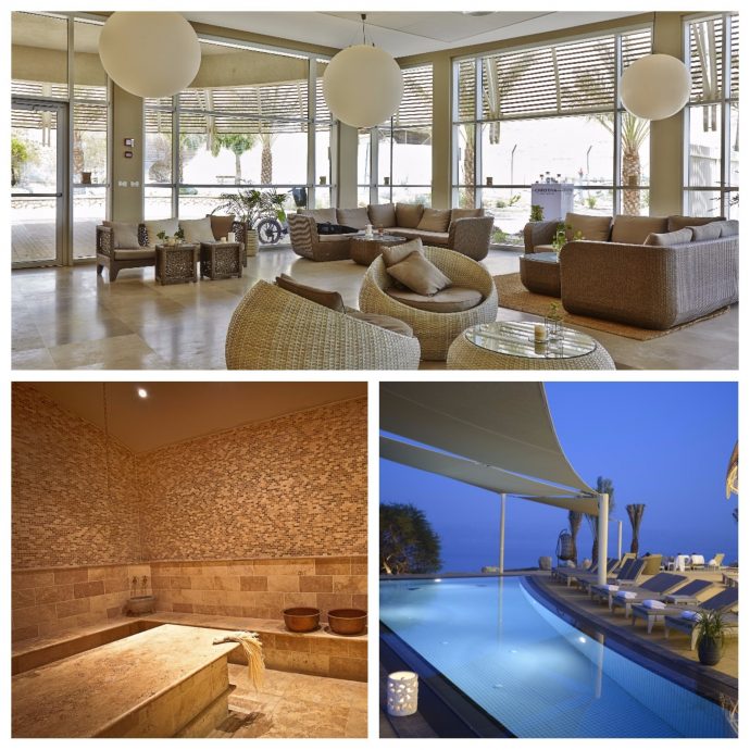 The pool overlooking the Dead Sea, the spa and well-lighted lobby.