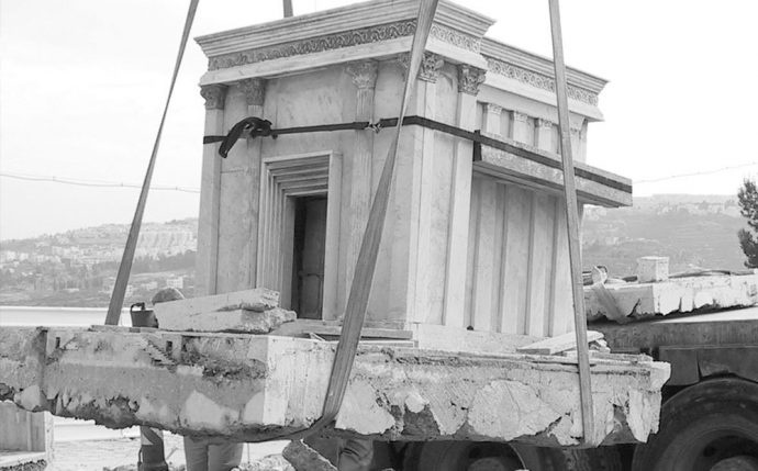 Moving the second temple model to its new home at the Israel Museum.