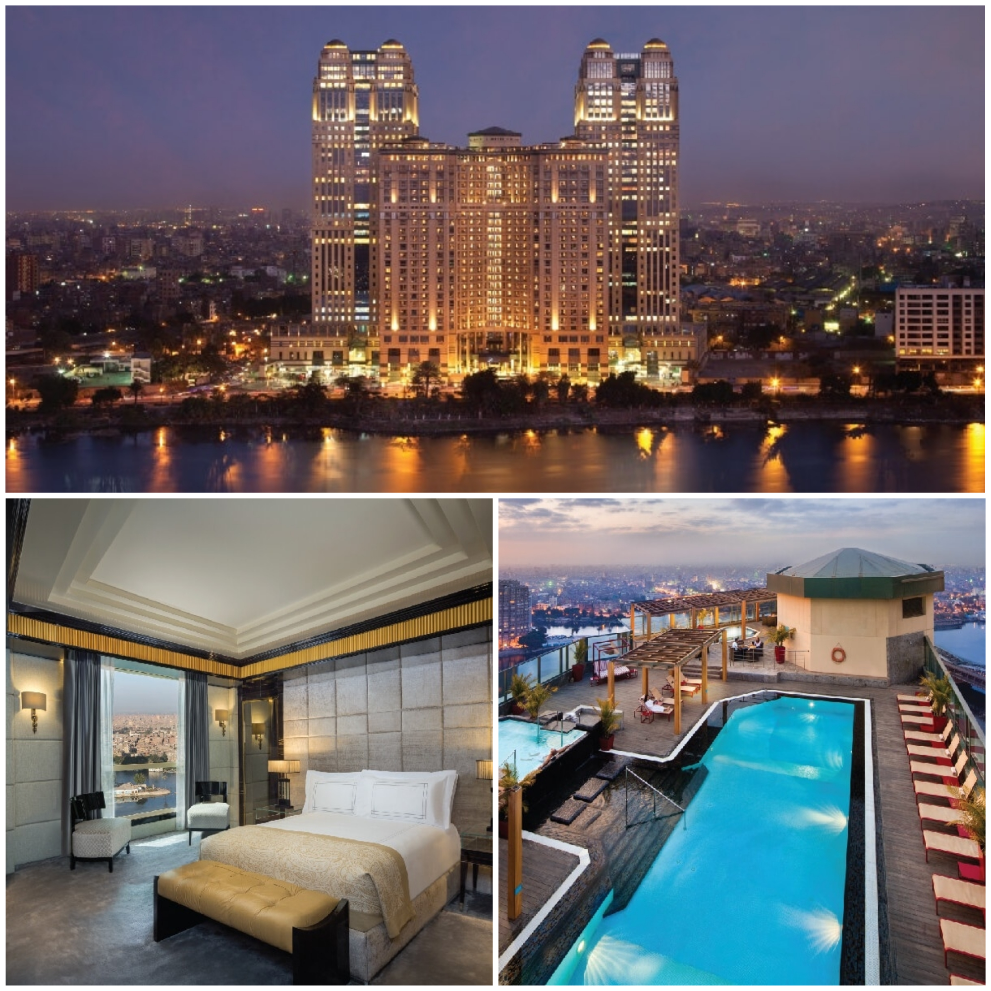 Fairmont Nile City Hotel in Cairo is a luxurious hotels with decorated rooms and a pool on the roof, overlooking the river.